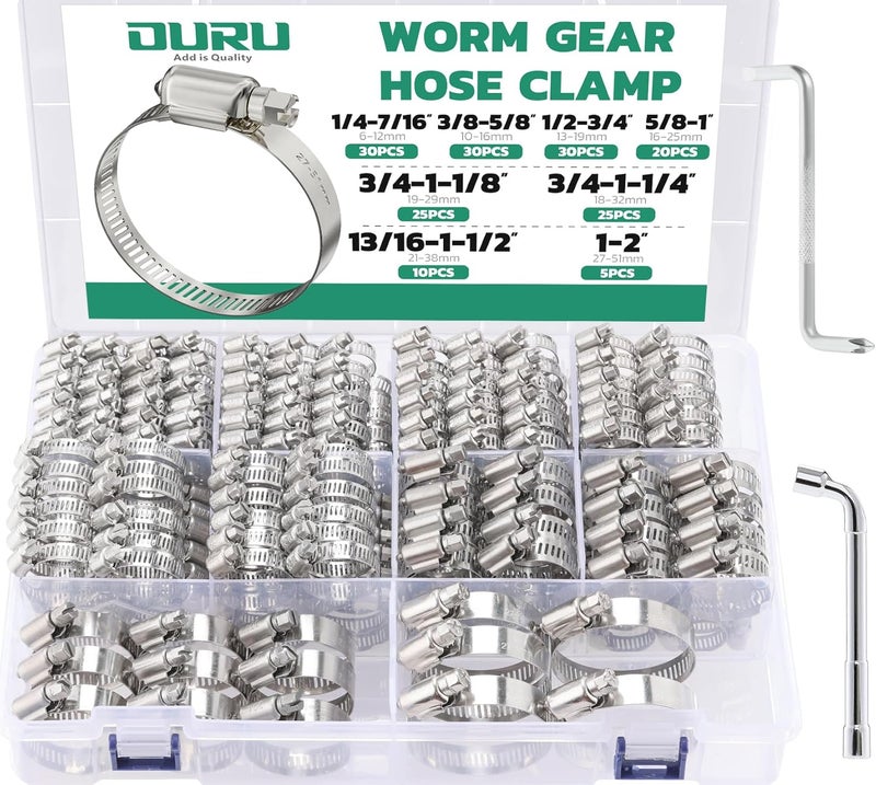 ORU 175PCS Hose Clamps Stainless Steel Assortment Adjustable 1/4"-2"(6-51mm) Worm Gear Hose Clamp, Heavy Duty Metal Small Hose Clamps for Automotive, Pipe, Radiator Plumbing, Fuel Line - Image 1